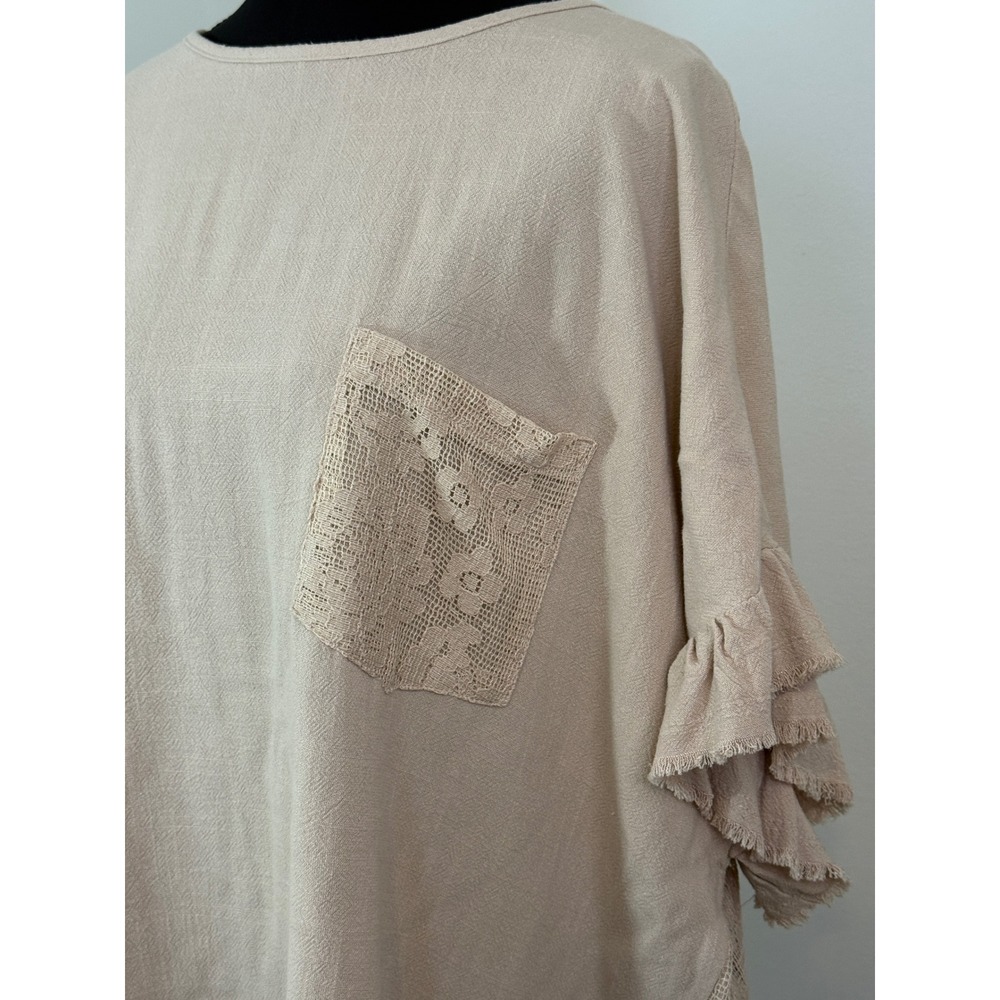 easel Beige Crochet Pocket Ruffled Sleeve Blouse